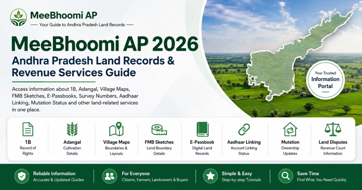 MeeBhoomi AP 2026 – Andhra Pradesh Land Records & Revenue Services Guide MeeBhoomi AP 2026 homepage banner showcasing Andhra Pradesh land records services including 1B, Adangal, Village Maps, FMB Sketches, Electronic Passbook, Aadhaar Linking, Mutation and Land Dispute information.